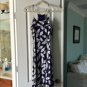 LOFT Navy Midi Dress with White Leaf Print